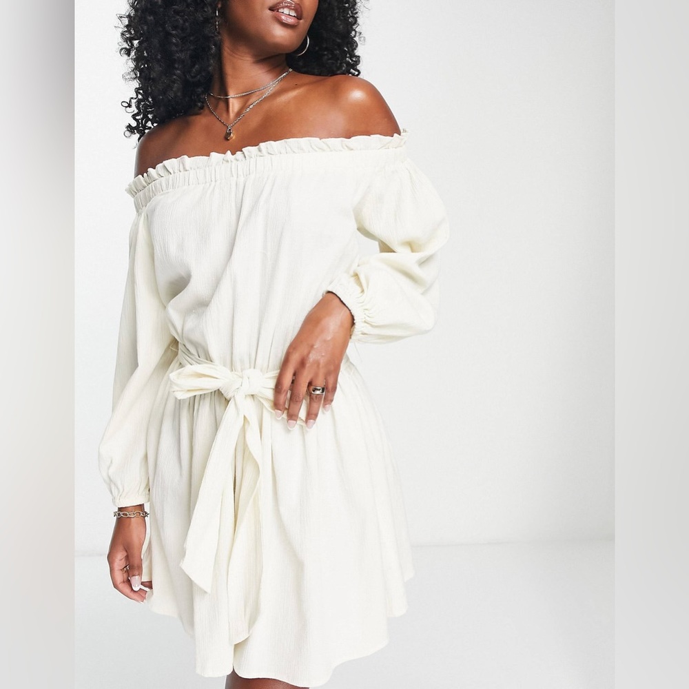 ASOS off shoulder super crinkle beach mini dress in natural